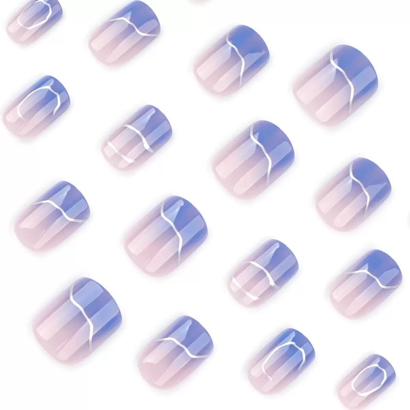 CTTHNBD Press on Nails Short - Square Fake Nails with Silver Irragular Design - Blue Ombre False Nails Press ons - for Women 24 Pcs - Image 3